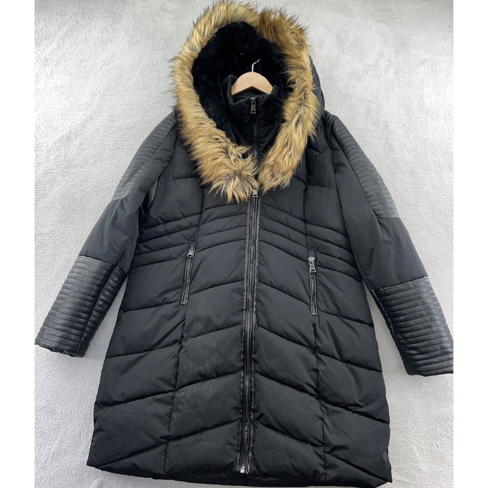 BEBE Jacket Women's Sz XL Black Puffer Faux Fur Hooded Full Zip Long